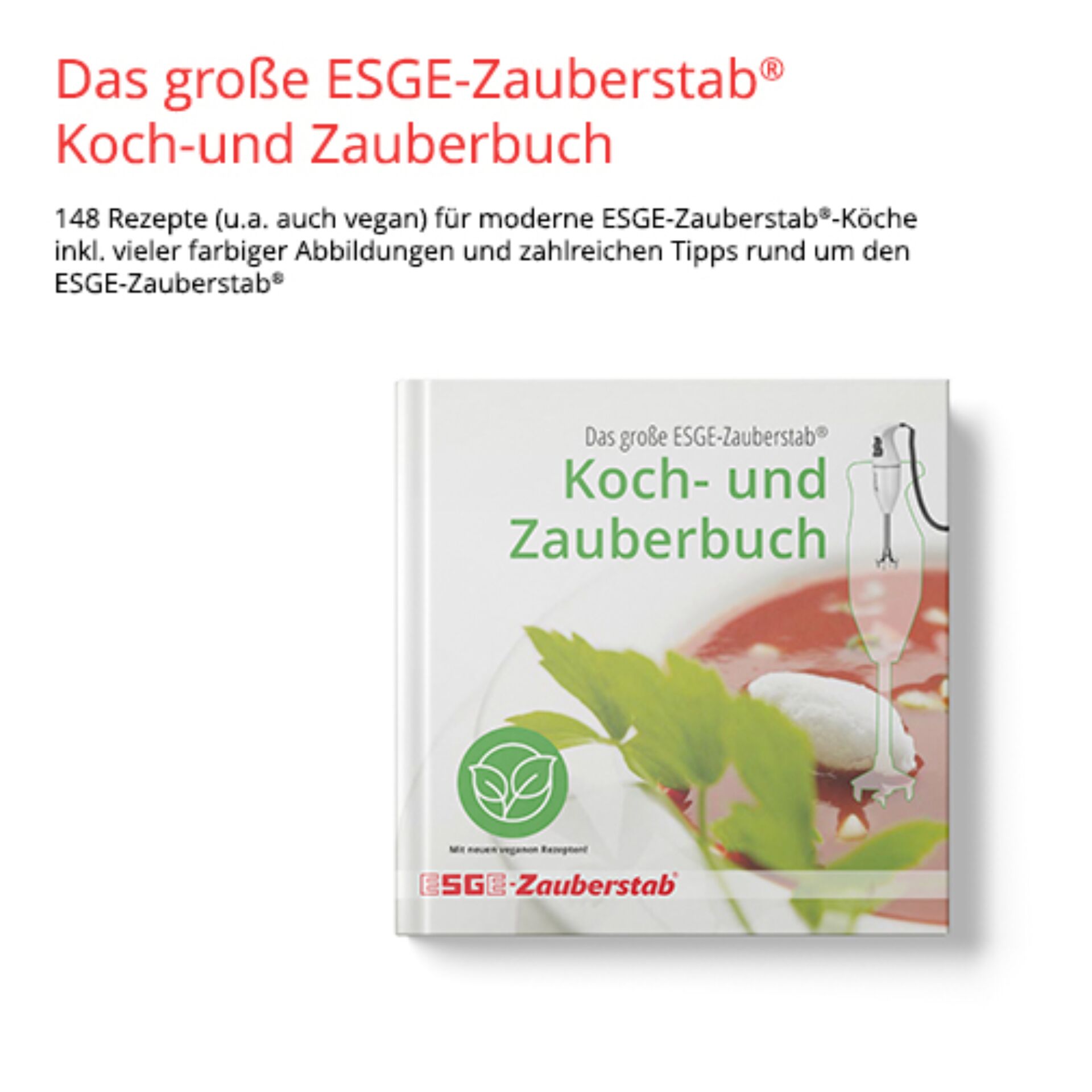 Buchcover des großen ESGE-Zauberstab Koch- und Zauberbuchs mit Kochmixer und grünen Blättern
