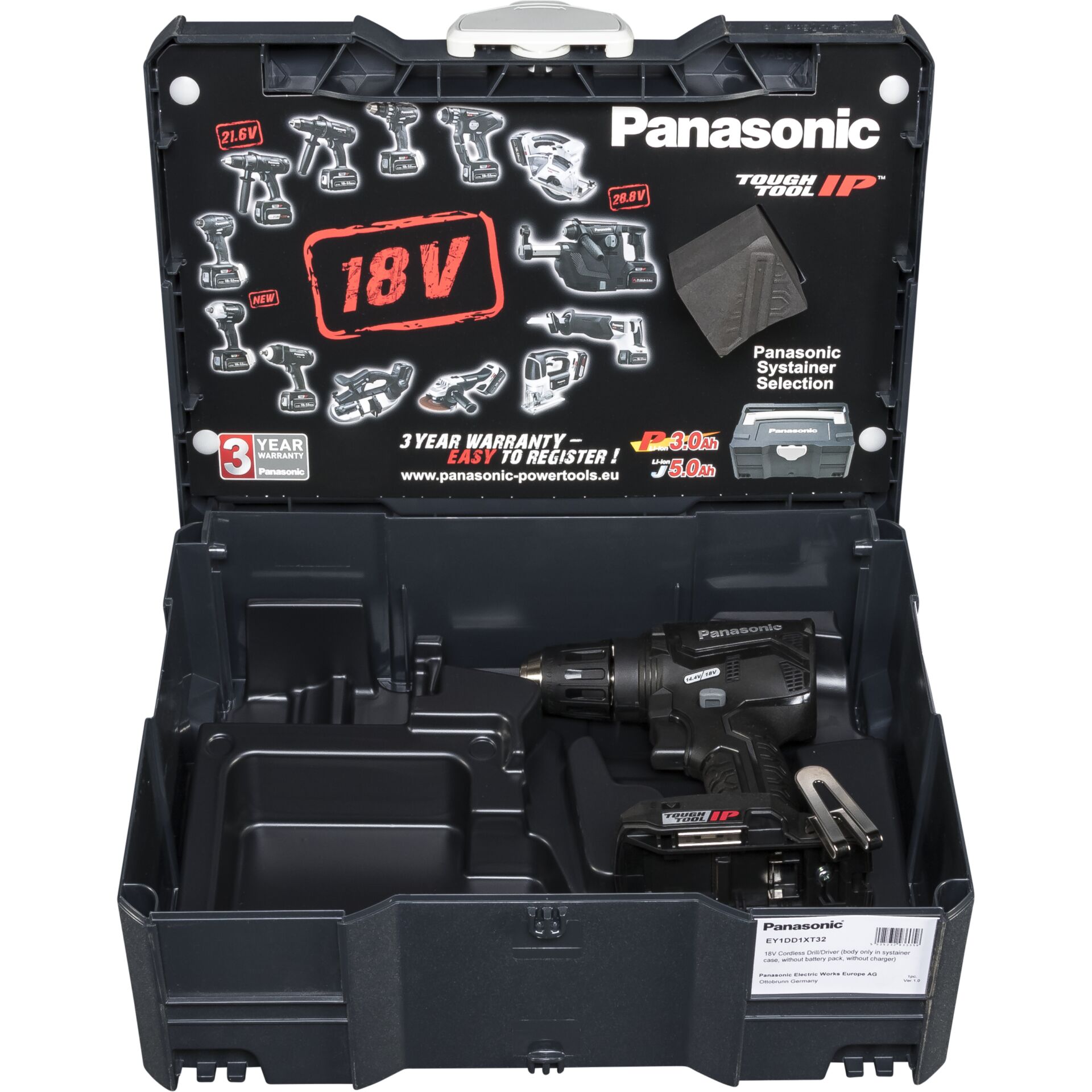 Offener Koffer mit Panasonic 18V Akku-Bohrschrauber und Zubehör, 3 Jahre Garantie Hinweis sichtbar