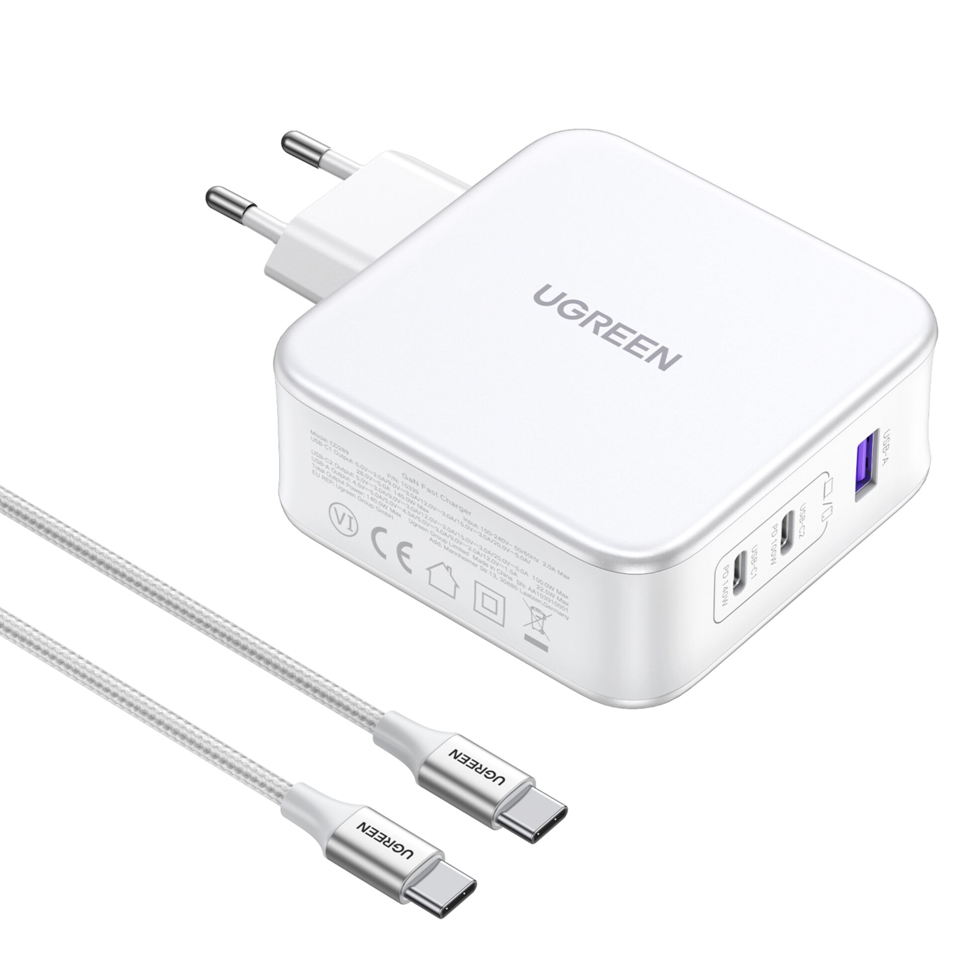 UGREEN Nexode USB-A+2*USB-C 140W GaN Fast Charger+USB-C Cable wht 784443_01