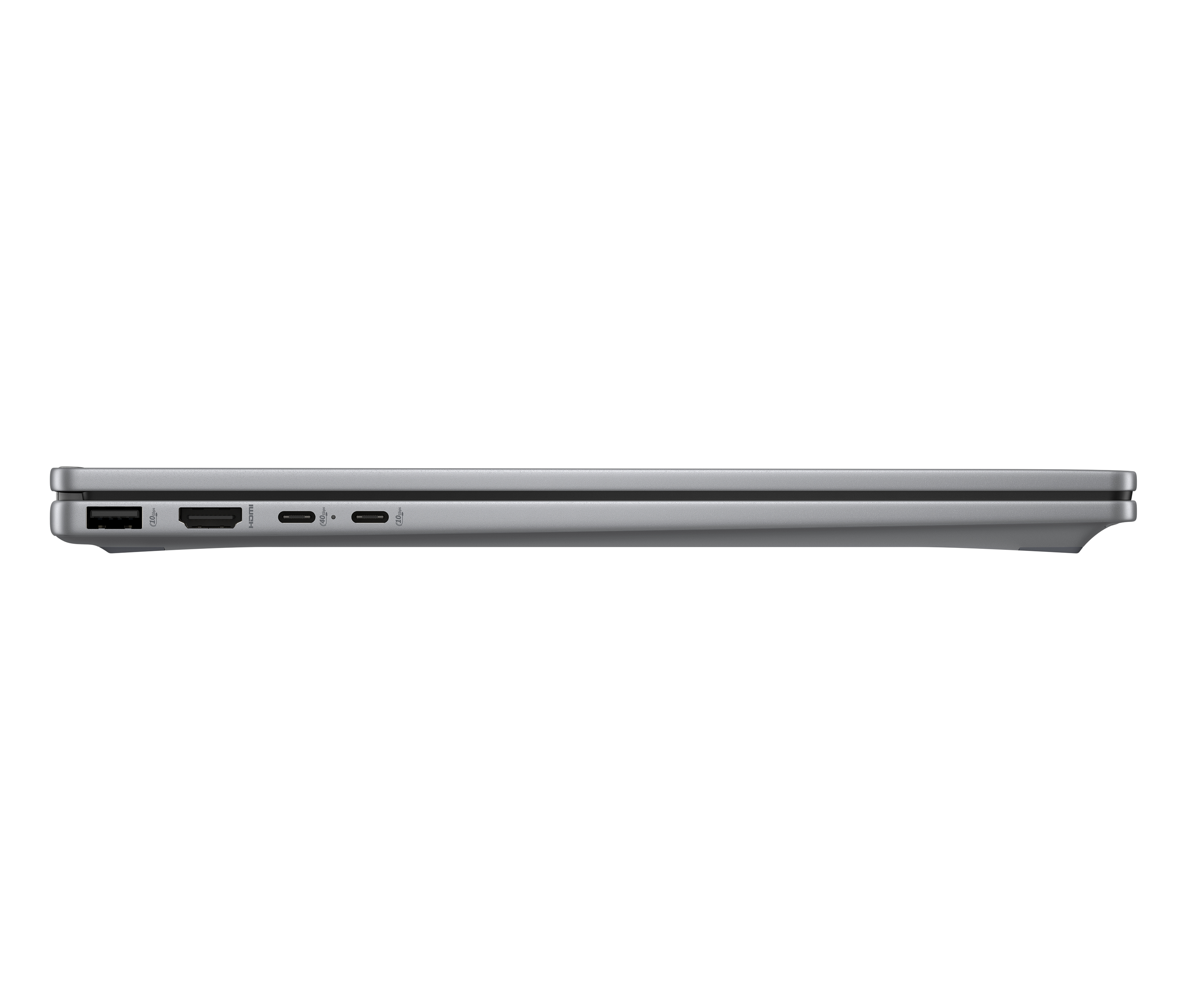 Seitansicht eines schlanken silbernen Laptops mit mehreren Anschlüssen, darunter USB, HDMI und USB-C