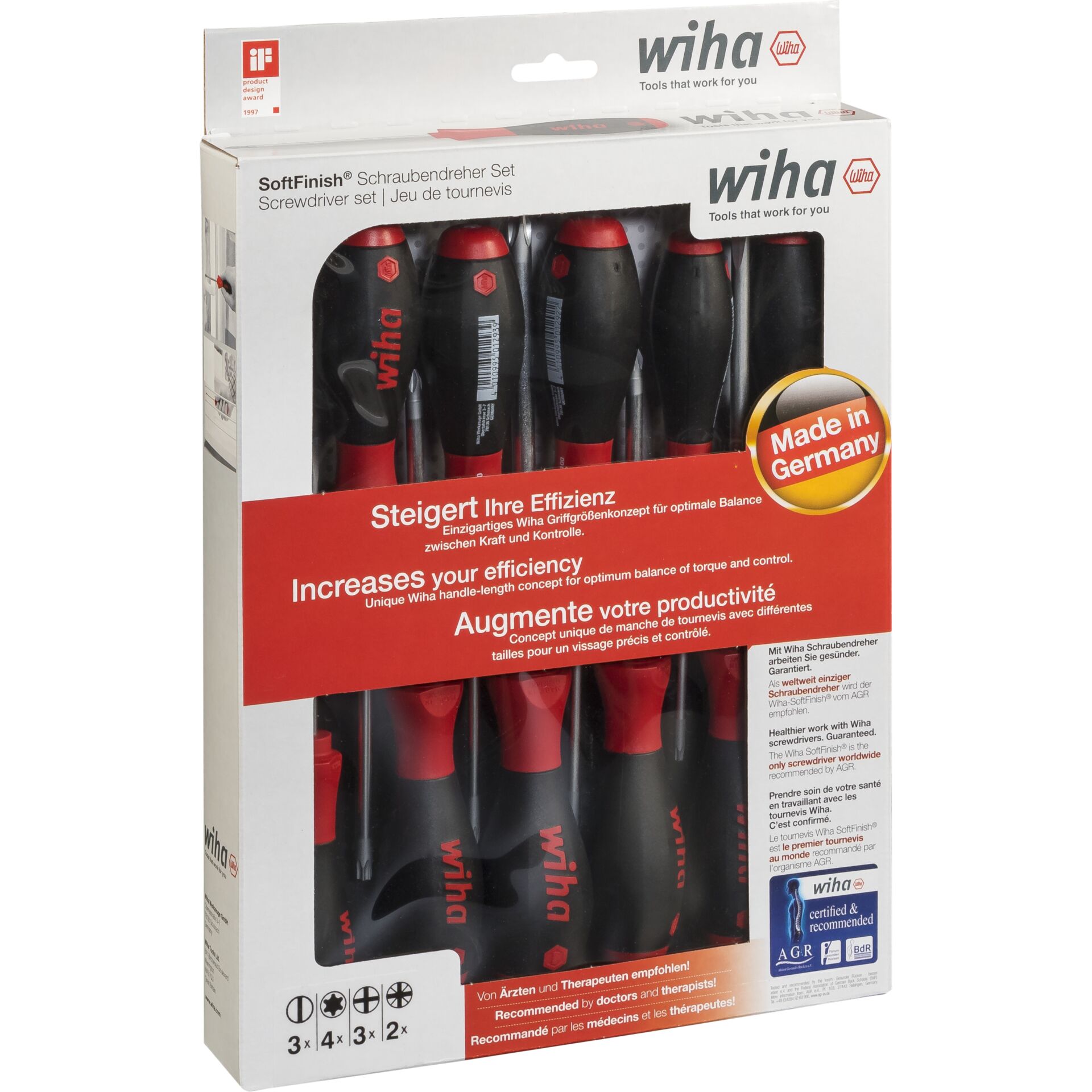 Verpackung eines Wiha SoftFinish Schraubendreher Sets mit sechs ergonomisch gestalteten Schraubendrehern, Made in Germany