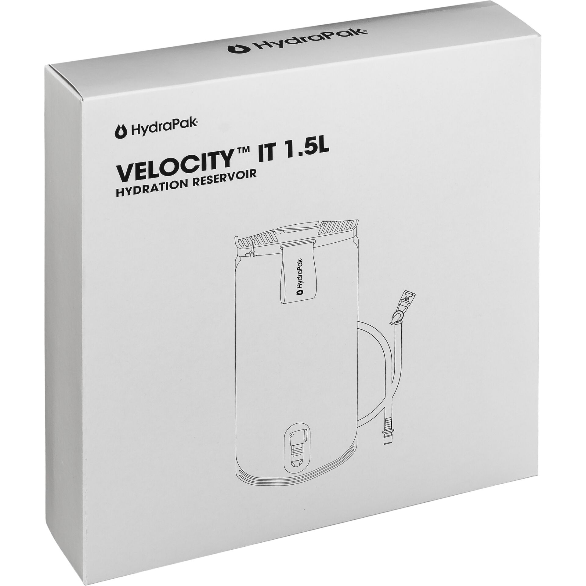 Verpackung des HydraPak Velocity IT 1.5 Liter Trinkreservoirs, seitliche Ansicht
