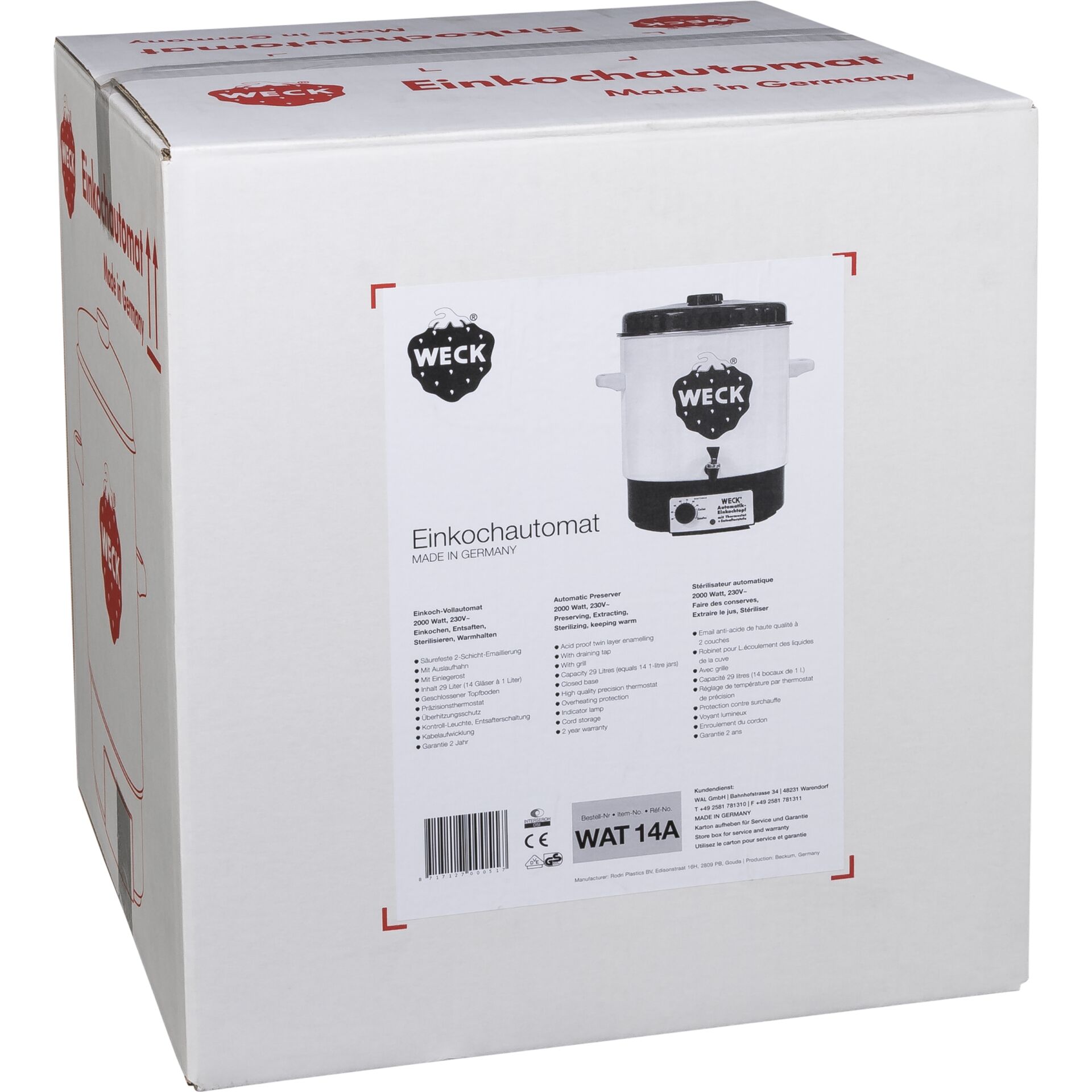 Verpackung des Weck Einkochautomats WAT 14A, Made in Germany, mit Produktdetails