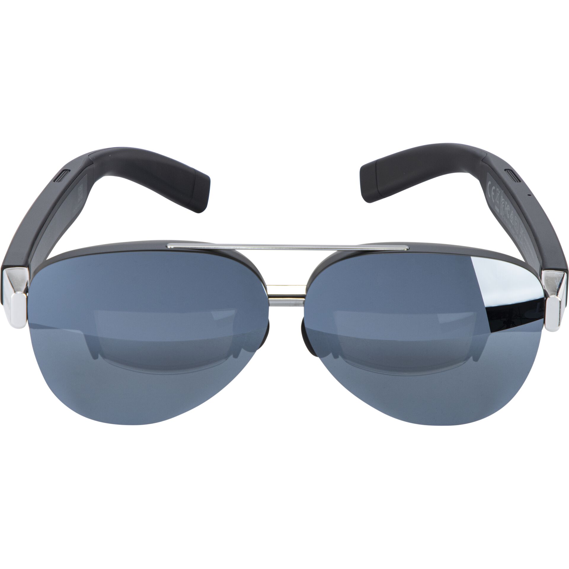 Vorderansicht einer modernen Sonnenbrille mit schwarzen Rahmen, blauen Gläsern und silbernen Akzenten